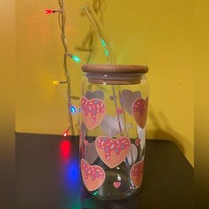 Pink Heart Wafer 16 oz Glass Libby Cup w/ Glass Bent Straw